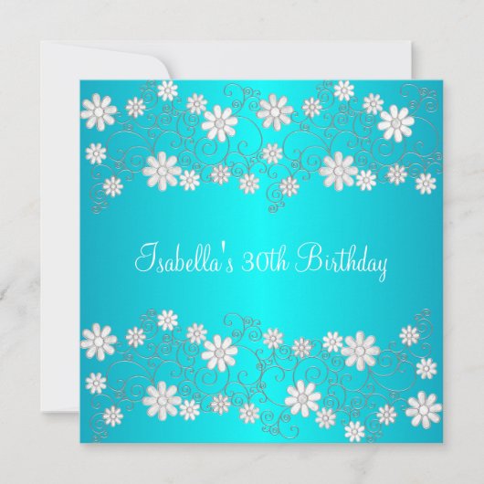 Invitation Anniversaire 30 ans Turquoise & Fleurs Blanches (Devant)