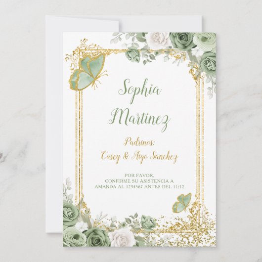 Invitation Anniversaire 3 ans fille espagnole vert sauge or (Dos)