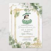 Invitation Anniversaire 3 ans fille espagnole vert sauge or (Devant / Derrière)