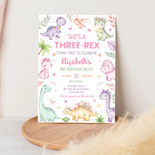 Invitation Anniversaire 3 ans fille trois rex dinosaure paste