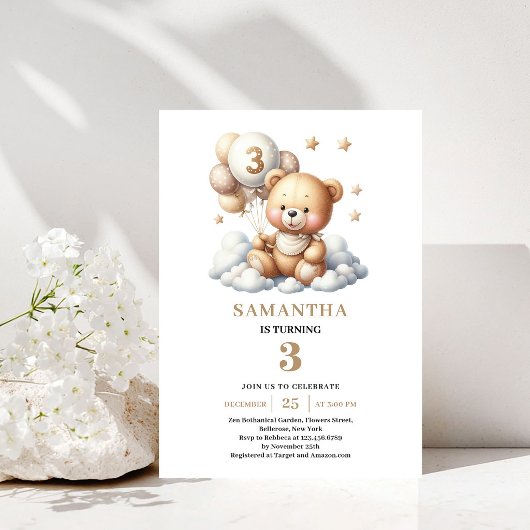 Invitation Anniversaire 3 Ans Ourson Mignon Ballon