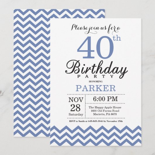 Invitation Anniversaire 40 ans Bleu Chevron (Devant / Derrière)