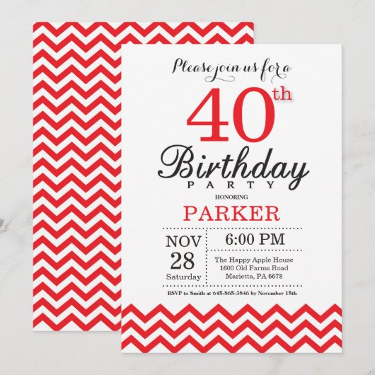 Invitation Anniversaire 40 ans Chevron Rouge (Devant / Derrière)