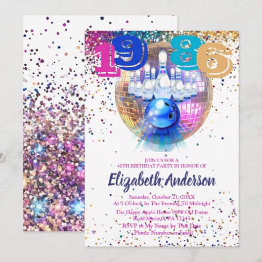 Invitation Anniversaire 40 ans Colorée Disco Bowli (Devant / Derrière)