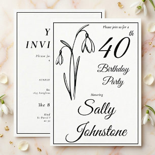 Invitation Anniversaire 40 ans Fleur de Neige Noir et Blanc