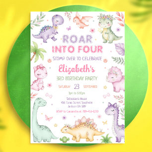 Invitation Anniversaire 4 Ans Fille Dinosaure Pastel Rugit Da