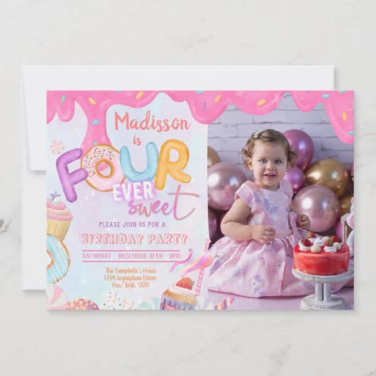 Invitation anniversaire 4 ans Photo Fourever Sweet (Devant)