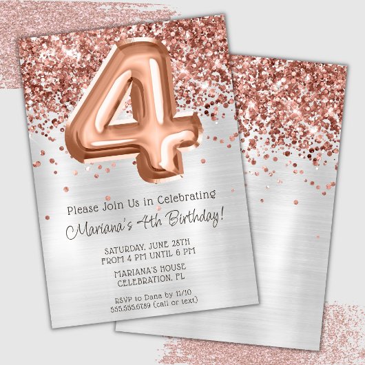 Invitation anniversaire 4 ans Rose Gold Silver