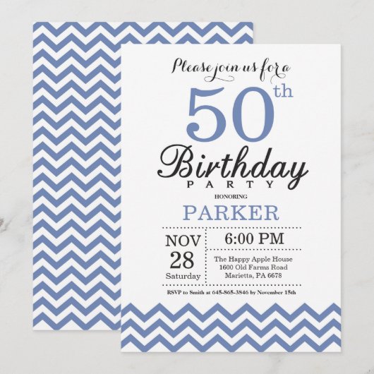 Invitation Anniversaire 50 ans Bleu Chevron (Devant / Derrière)