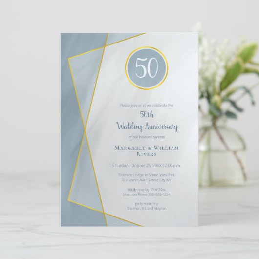 Invitation anniversaire 50 ans bleu poussiéreux avec cadre do (Debout devant)