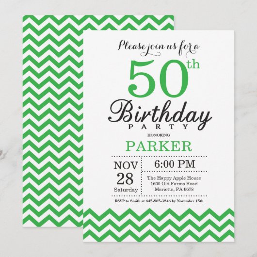 Invitation Anniversaire 50 ans Chevron Vert (Devant / Derrière)