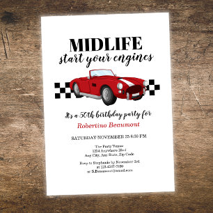 Invitation Anniversaire 50 ans drôle de voiture rouge vintage