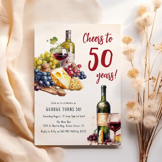 Invitation Anniversaire 50 ans Fromage et Vin Adul