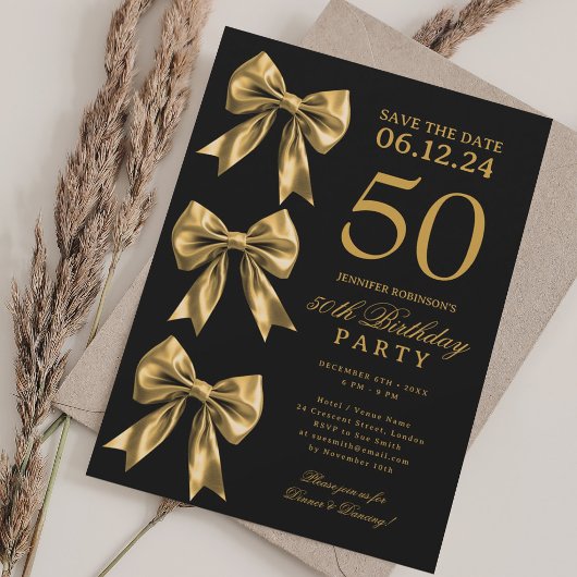Invitation anniversaire 50 ans Gold Coquette Bow S