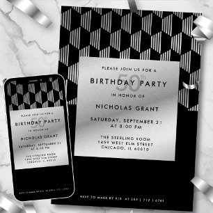 Invitation Anniversaire 50 ans Moderne Noir Faux Argent Feuil