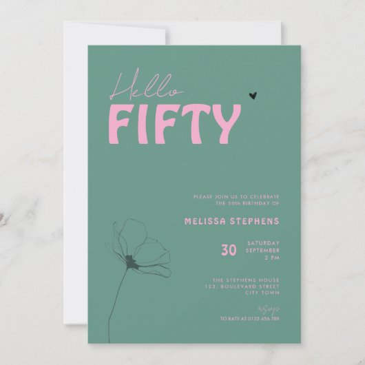 Invitation Anniversaire 50 ans Moderne Vert Rose Typo (Devant)