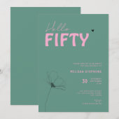 Invitation Anniversaire 50 ans Moderne Vert Rose Typo (Devant / Derrière)