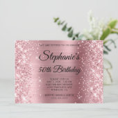 Invitation Anniversaire 50 Ans Monogramme Pailleté Rose Clair (Debout devant)