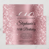 Invitation Anniversaire 50 Ans Monogramme Pailleté Rose Clair (Devant / Derrière)