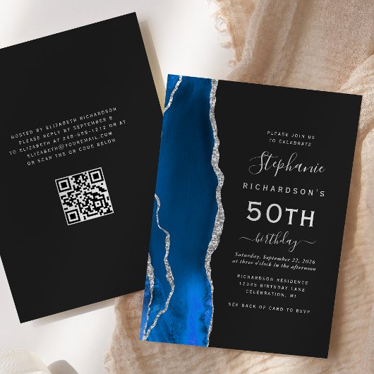Invitation Anniversaire 50 ans QR Code Bleu Royal Agate Argen