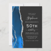 Invitation Anniversaire 50 ans QR Code Bleu Royal Agate Argen (Devant)