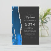 Invitation Anniversaire 50 ans QR Code Bleu Royal Agate Argen (Debout devant)