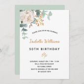 Invitation Anniversaire 50 fleurs eucalyptus or vert élégant (Devant / Derrière)