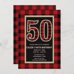 Invitation Anniversaire 50 rouge rustique de plaid