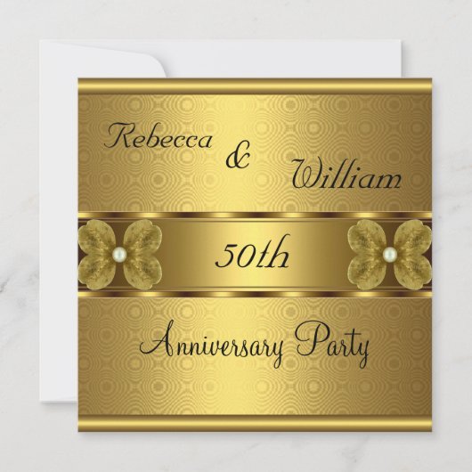 Invitation Anniversaire 50e Elégant Roll Gold Party Floral (Devant)
