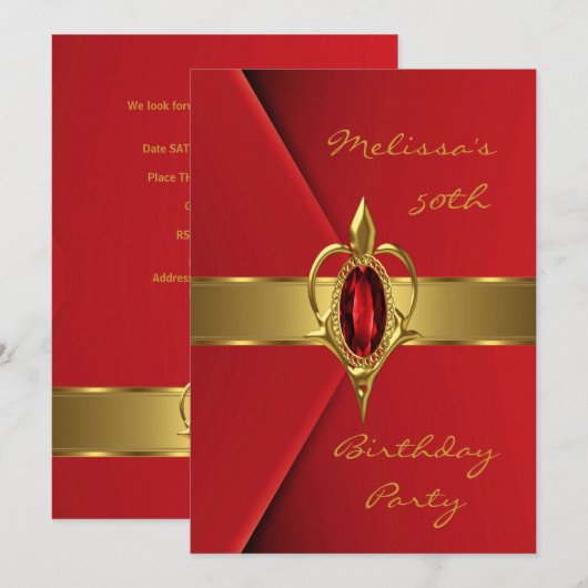 Invitation Anniversaire 50e Faux Velvet Red Pearl or (Devant / Derrière)