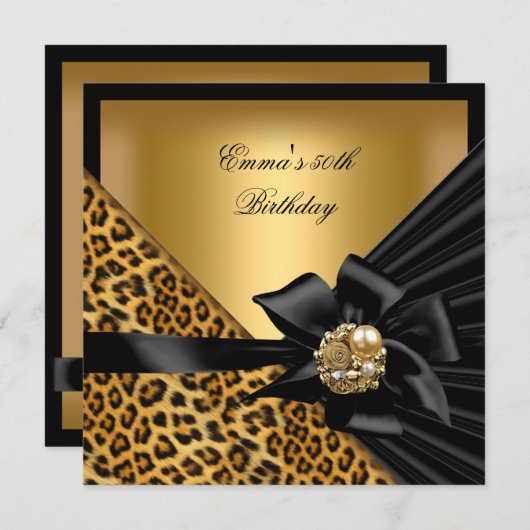 Invitation Anniversaire 50e Leopard Gold Black Bow (Devant / Derrière)
