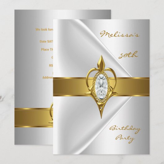 Invitation Anniversaire 50e Soie Diamant blanc bijou d'or (Devant / Derrière)