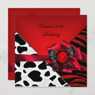 Invitation Anniversaire 50e Zebra Cow Rouge Noir Blanc