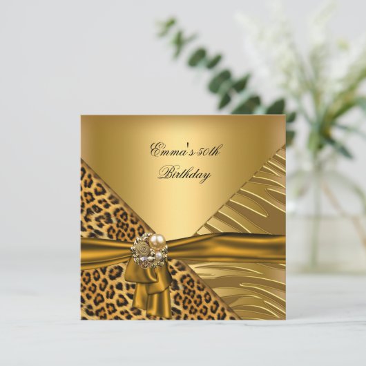 Invitation Anniversaire 50e Zebra Leopard Gold Black Bow (Debout devant)