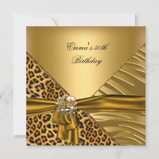 Invitation Anniversaire 50e Zebra Leopard Gold Black Bow (Devant)