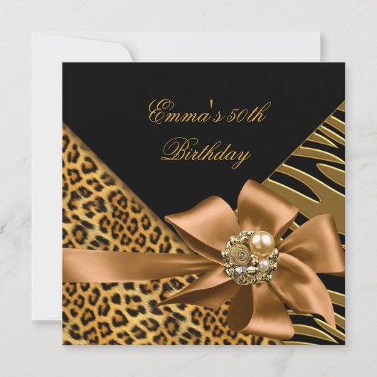 Invitation Anniversaire 50e Zebra Leopard Gold Noir (Devant)