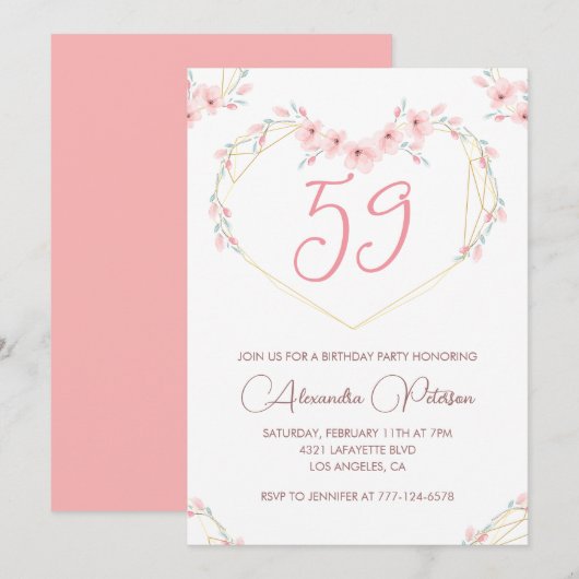 Invitation anniversaire 59 ans Bohème Fleur rose a (Devant / Derrière)