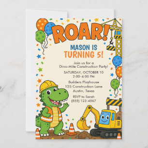 Invitation Anniversaire 5 ans Construction Dinosaure Vert Ora