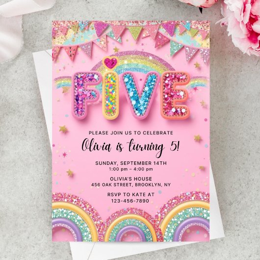 Invitation anniversaire 5 ans modifiable Rose Sequ