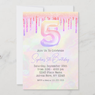 Invitation Anniversaire 5 Ans Paillettes Rose Holographique F