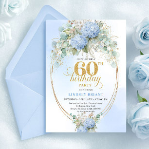 Invitation Anniversaire 60 ans classique bohème bleu doux ver