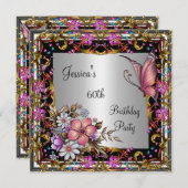 Invitation Anniversaire 60 ans Papillon Floral Rose Or Argent (Devant / Derrière)