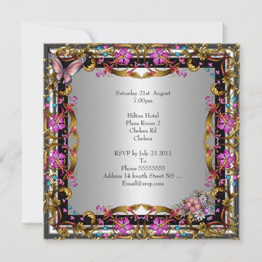 Invitation Anniversaire 60 ans Papillon Floral Rose Or Argent (Dos)