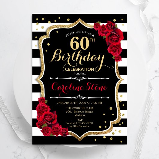 Invitation Anniversaire 60 ans Rayures Noir Blanc