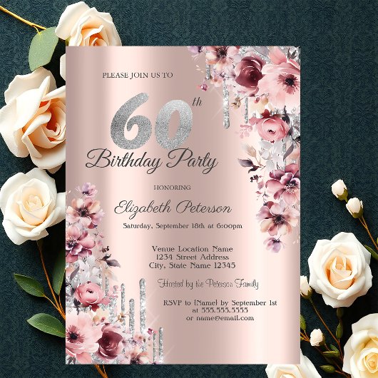 Invitation Anniversaire 60 ans Rose Gold Pink Floral Glitter