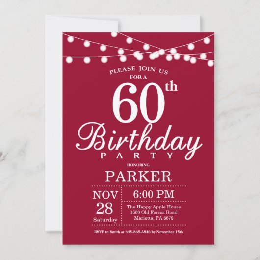 Invitation Anniversaire 60 Ans Rouge Bourgogne (Devant)