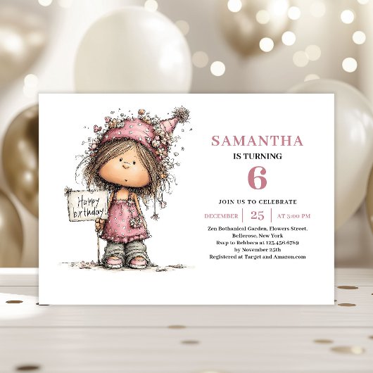Invitation anniversaire 6 ans fille design rose fa