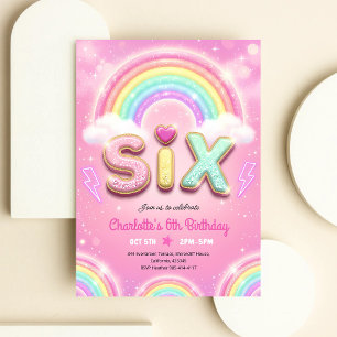 Invitation Anniversaire 6 ans Rose Pastel Arc-en-Ciel Étincel