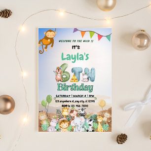 Invitation Anniversaire 6 ans Safari Vert & Bleu C