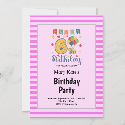 Invitation anniversaire 6 ans thème rayures roses (Devant)